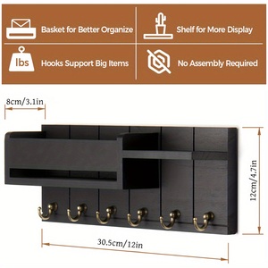 Rustic Solid Wood Wall Key <strong>Rack</strong> 5 Hooks Double Tier <strong>Shelf</strong> Living Room Organizer Hidden Mounting OEM Logo - Product Image 6