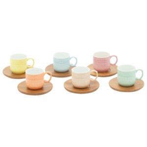 Ensemble de 6 tasses à café en céramique cylindriques minimalistes avec soucoupes et sous-verres en bois aux couleurs pastel pour la maison et la cuisine - Product Image 1