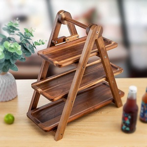 Acacia wood three-tier food and snack <b>rack</b>, fruit tray, outdoor picnic restaurant foldable storage portable fruit basket - Product Image 1