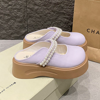 Chaussures en cuir de style français pour femmes, nouvelle collection printemps 2025, à semelle souple, bout perlé, demi-mules à porter à l'extérieur avec une jupe et