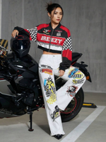Jaket pengendara sepeda kustom model wanita, atasan kerah berdiri sambungan bercetak bordir pendek jaket wanita