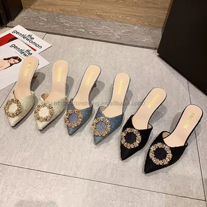 New Slippers Women's Summer Wear Outdoor Half Slippers Women's French Rhinestone Heels Thin Heels and Toe <b>Sandals</b> in Black - Product Image 3