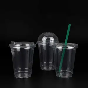 ถ้วยกาแฟพลาสติกพร้อมหลอด,ถ้วยพลาสติกแบบใช้แล้วทิ้งพร้อมฝาปิดหนา16ออนซ์20ออนซ์24ออนซ์