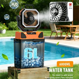 Kipas Kabut Isi Ulang 6L Heavy Duty Baru dengan 4 Lubang Semprotan Air, Pendingin Lipat, Fungsi USB Bank Daya untuk Berkemah di Luar Ruangan dan Rumah Tangga - Product Image 1