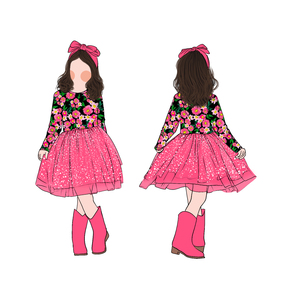 Vestito da bambina Little Glow Kid, nuovo design personalizzato, in fibra di proteine del latte, a maniche lunghe, con gonna a fiori, in tulle brillante. - Product Image 1