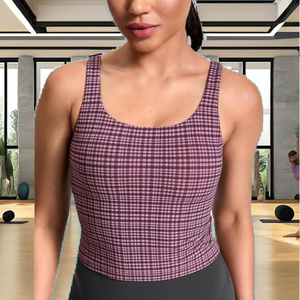 Women <b>Checkered</b> Spaghetti Strap Yoga Bra Scoop Neck Medium Support Breathable Seamless Activewear <b>Top</b> - Product Image 2