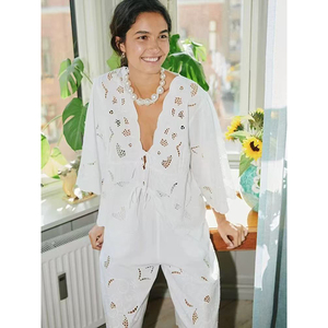 Women's Vintage French Style Solid 2-Piece <b>Set</b> White V-Neck Embroidered Hollow Top Shorts Breathable Loose Slim-Fit Luxury - Product Image 1