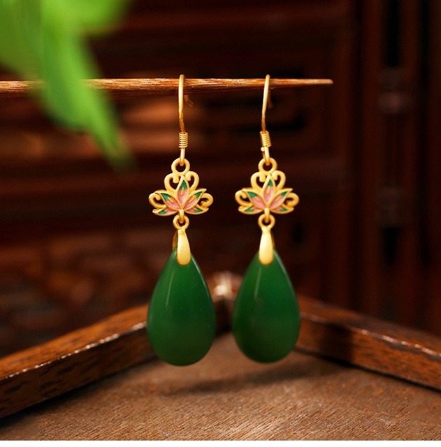 18K Gold Plated 925 Sterling Silver Natural White Hetian Jade Earrings Classic Women's Eardrop Waterdrop Charm Jewelry