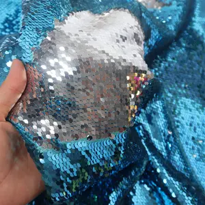 Tecido de cetim com lantejoulas de dois tons, tecido reversível de 5mm para decoração de festa, tecido bordado azul e prata