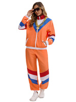Kostum Cosplay Pakaian Olahraga Retro 80-an Set Pakaian Olahraga Blok Warna Jaket Celana Uniseks Pakaian Acara Pesta Halloween