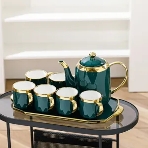 Service à thé de l'après-midi 8 pièces, service à boissons en céramique de Style de luxe vert avec des tasses de théière électroplaquées uniques ensembles de casseroles