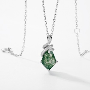 Grensoverschrijdende exclusieve Spirit <span class=keywords><strong>Snake</strong></span> natuurlijke groene mosstenen hanger S925 zilveren ketting mode clavicula ketting voor vrouwen - Product Image 3