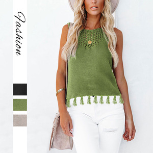 Gilet en tricot à col rond pour femme, design ajouré à franges, vert, noir, abricot, pour l'été et le printemps - Product Image 1