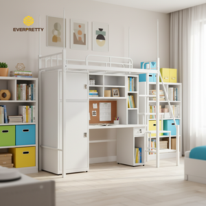 Lit superposé fonctionnel en métal pour enfants avec bureau, armoire et étagères pour dortoir scolaire - Product Image 4