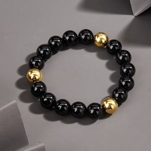 Cuentas de Ónix Negro Brillante para Pulsera con Acero Inoxidable y Baño de Oro, Joyería de Lujo Personalizada para Hombre, para el Budismo - Product Image 4