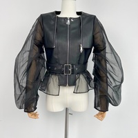 Nouvelle veste en cuir noire transparente à manches bouffantes pour femme, veste en cuir classique, durable et respectueuse de l'environnement