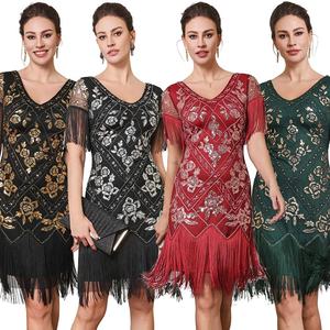 Glands manches paillettes robes de Cocktail des années 1930 Vintage frangé robe de soirée Gatsby Costume des années 1920 tenue robe à clapet - Product Image 2