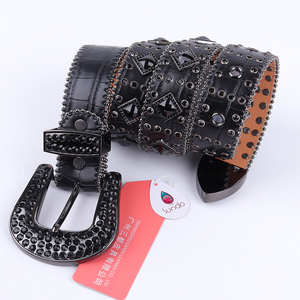 Ceinture en cuir PU à boucle épaisse pour hommes, accessoire de luxe de haute qualité et robuste, motif crocodile, cloutée et ornée de strass de 5MM - Product Image 2