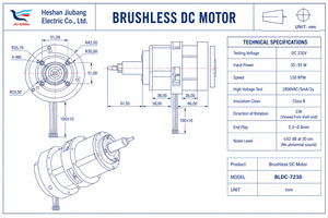 Motore DC Brushless BLDC 7230 a Bassa Velocità 150 RPM, Alta Coppia 35-55W, Isolamento Classe B, Rotazione CW per Applicazioni Professionali - Product Image 2