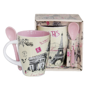 Ensemble de tasses à café souvenir personnalisées de <span class=keywords><strong>Paris</strong></span> avec des monuments de la ville, poignée et cuillère roses, adapté aux grossistes en cadeaux souvenirs - Product Image 6