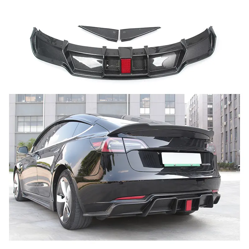 Newest Product Carbon Fiber Black Rear Diffuser With Light Body Kit Rear Bumper Lip For Tesla Model 3