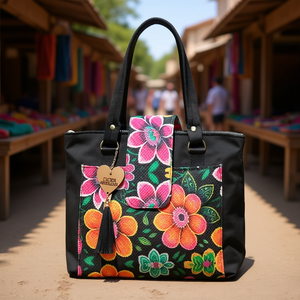 Bolso Tote para Mujer Fana, Lona Negra con Estampado Floral, Cierre de Cremallera, Estilo Bohemio, para Todas las Temporadas - Product Image 2