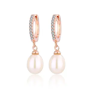 Trendy fashion jewelry statement 18k classy rose gold plated sterling silver pearl stud earrings with zircon diamond