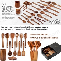 Ensemble d'ustensiles de cuisine en bois d'acacia et de teck OEM, 12 pièces, avec support de rangement, repose-cuillère, robuste, non toxique, résistant à la chaleur