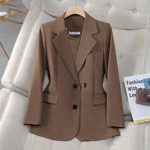 Women's Blazer Brown Solid Color Double Button Long Sleeve Professional Workwear Suit Top For Office Commuter Wear - Product Image 1