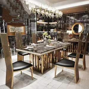 Juegos de muebles de metal, mesa de comedor de mármol de acero inoxidable dorado, mesa de comedor moderna con 6 plazas