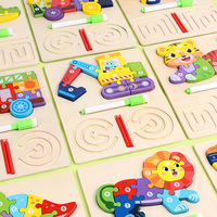 Jouet éducatif Montessori en bois écologique 2-en-1 : Puzzle d'animaux mobiles et tableau de traçage des chiffres, labyrinthe