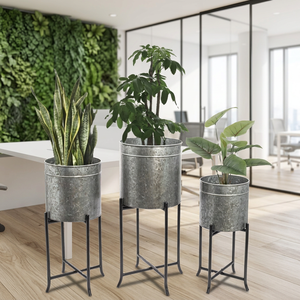 <b>Set</b> of 3 Galvanized Iron Planters with Black Metal Stands Ideal for Indoor and Outdoor Use Rust Resistant Modern Design - Product Image 1