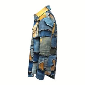 เสื้อเชิ้ตเดนิมผู้ชายแบบแพทช์เวิร์คมาใหม่ สไตล์สตรีทสุดเทรนดี้ ดีไซน์ทำเก่า เหมาะสำหรับโอกาสลำลองและสไตล์ฮิปฮอป - Product Image 4