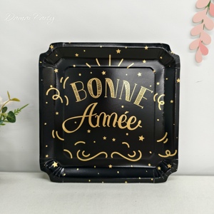 DAMAI Fournitures de fête du Nouvel An, Ensemble de vaisselle jetable noir et doré, comprenant assiettes, gobelets en papier et serviettes, pour la fête de la Bonne Année - Product Image 3