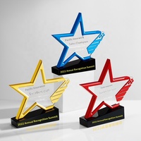 Trophée et Médaille Personnalisés en Cristal avec Couronne Rouge et Bleue, Plaque de Récompense Métallique Haut de Gamme, Étoile à Cinq Branches Personnalisée, Logo Ailes de Champion
