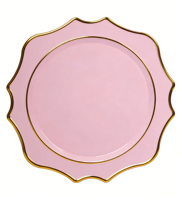 Assiette de service durable rose et or à bord festonné pour mariage, en plastique