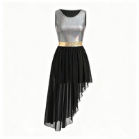 Robe de danse lyrique sans manches avec sequins à la taille et jupe irrégulière en mousseline pour femme – Costume de danse moderne et contemporaine