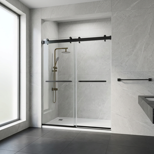 VEGA Modern Frameless <b>Shower</b> Glass Doors 60"x74" 10mm Thick Tempered with Matted <b>Black</b> Sliding Hardware Square for Apartment Use - Product Image 3
