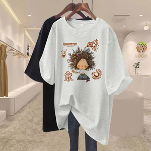 Women's Oversized Cotton T-Shirt with Cartoon Ethnic Print | Loose Fit Casual <strong>Top</strong> for Summer |Soft Cotton Loose Fit Tee for - Product Image 4