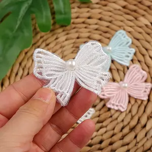 4.3x5.5 cm 넓은 진주 구슬 Bowknot 꽃 더블 레이어 레이스 트림 꽃