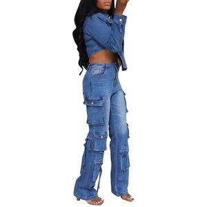 New Casual Long Sleeve Long <b>Pants</b> Multi-Pocket Washed Denim Two Piece Set Women Fashion - Product Image 3