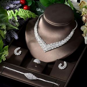 HIBRIDE Big Cubic Zirconia boda geométrica 4 Uds conjuntos de joyería para mujeres África Nigeria collar pendientes anillo pulsera - Product Image 1