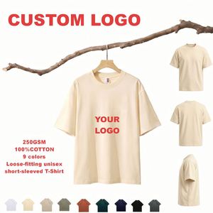 เสื้อยืดผู้ชายทรงหลวม 250GSM ผ้าฝ้าย 100% สไตล์เรโทรวอช  โลโก้แบบยูนิเซ็กส์ เสื้อยืดลำลองผู้หญิง สีเบจ - Product Image 2