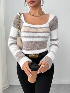 Женский облегающий свитер с квадратным вырезом, однотонный, повседневный, дышащий, зимний, плоский трикотаж, с логотипом спереди, из полиэстера - Product Image 5