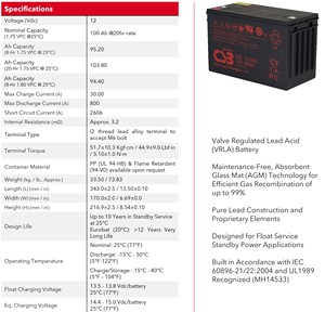 CSBバッテリーGPL121000 <span class=keywords><strong>12V</strong></span> 100Ah VRLA密封鉛蓄電池メンテナンス無料DC電源パネル再生可能エネルギー用途 - Product Image 3
