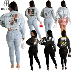 Fashion Print Crop Jeans Jacket Top Women Long Sleeve Chaqueta Vintage Denim Coats Streetwear