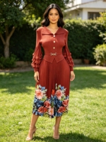 Robe de soirée mi-longue pour femme, de haute qualité, dernière collection, grande taille, élégante, stylée, à volants, imprimé floral, manches longues, plissée Miyake