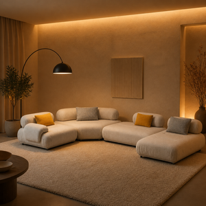 Canapé modulaire incurvé en tissu bouclé avec accoudoirs arrondis, chaise longue au niveau du sol, siège profond et moelleux pour salon, villa, appartement - Product Image 2