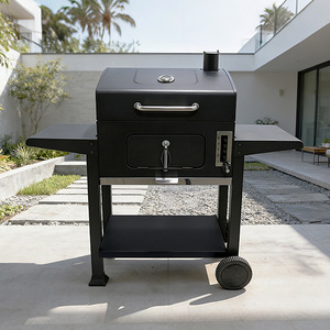 Outdoor Large Square Charcoal Grill With Smoker Function <b>Trolley</b> Multifunctional Windproof Rustproof BBQ Grill For Villa <b>Garden</b> - Product Image 1