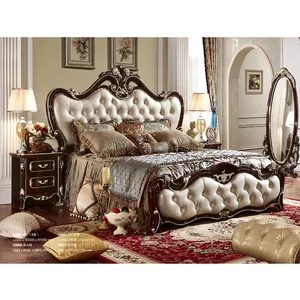 Mobiliário de madeira sólida, cama king size europeu de luxo